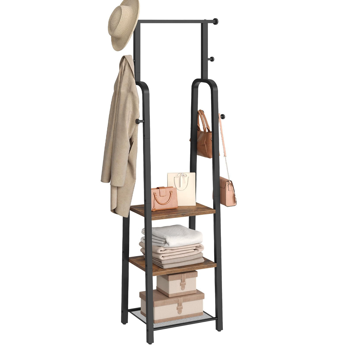 MAHANCRIS Coat Rack, Freestanding Coat Stand with Hanging Rail, Industrial Clothes Rack with 3-Tier Shelf & 8 Hooks, for Hallway, Entryway, Bedroom