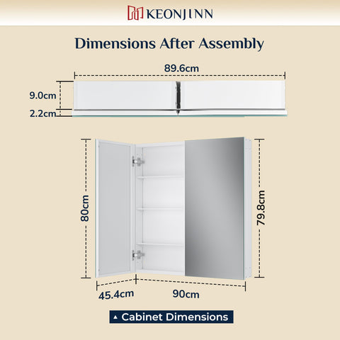 Keonjinn Bathroom Cabinets with Mirror - 90x80cm Aluminum bathroom Mirror Cabinets