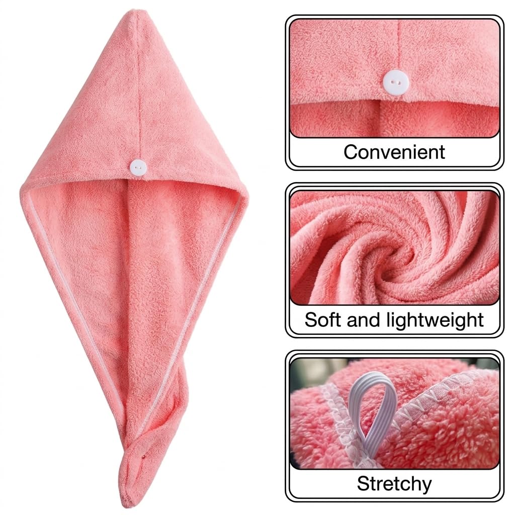 Derkiua 3 Pack Super Absorbent Microfiber Hair Towel Wrap, Quick Dry Twist Turban with Button Closure, Fast Drying Hair Cap for Shower
