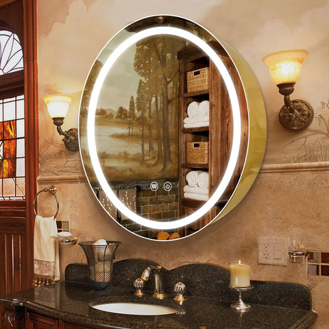 Janboe 71cm Round Mirror Cabinet with Lights,with Defogger,Dimmable,Anti-Fog,3 Colors,Gold