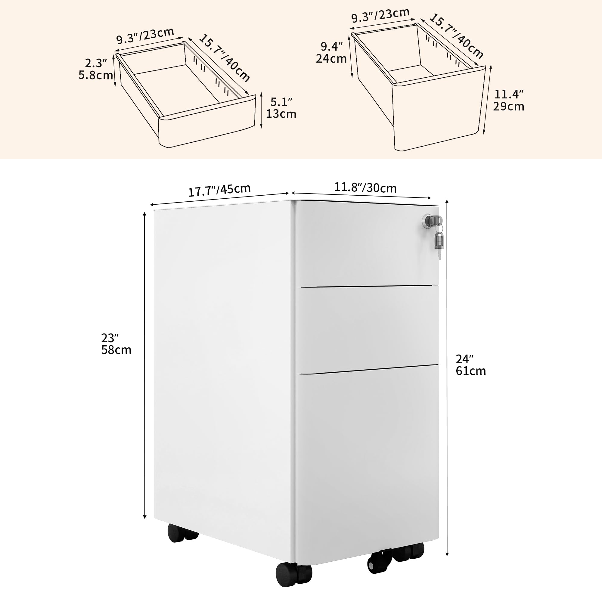 DWVO 3 Drawer Lockable Filing Cabinet Mobile Steel White Grey 30x45x61cm