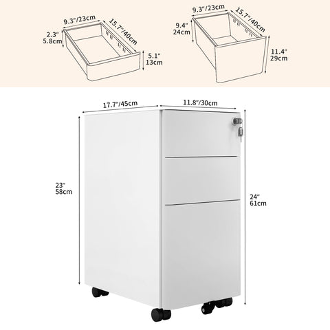 DWVO 3 Drawer Lockable Filing Cabinet Mobile Steel White Grey 30x45x61cm
