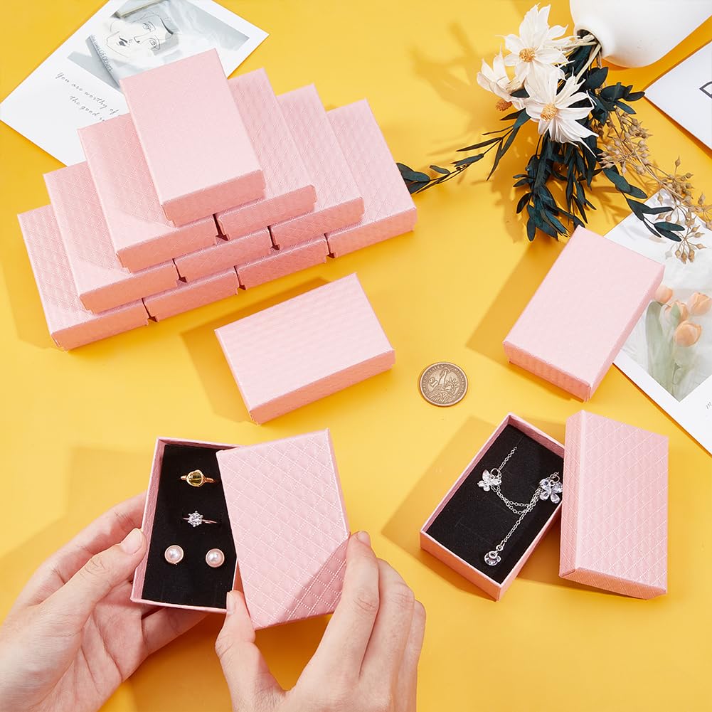 BENECREAT 48 Packs Pink Diamond Pattern Cardboard Jewelry Boxes, 8.4x5.35x2.9cm/3.3x2.1x1.1 Inch Rectangle Earring Necklace Gift Boxes with Velvet