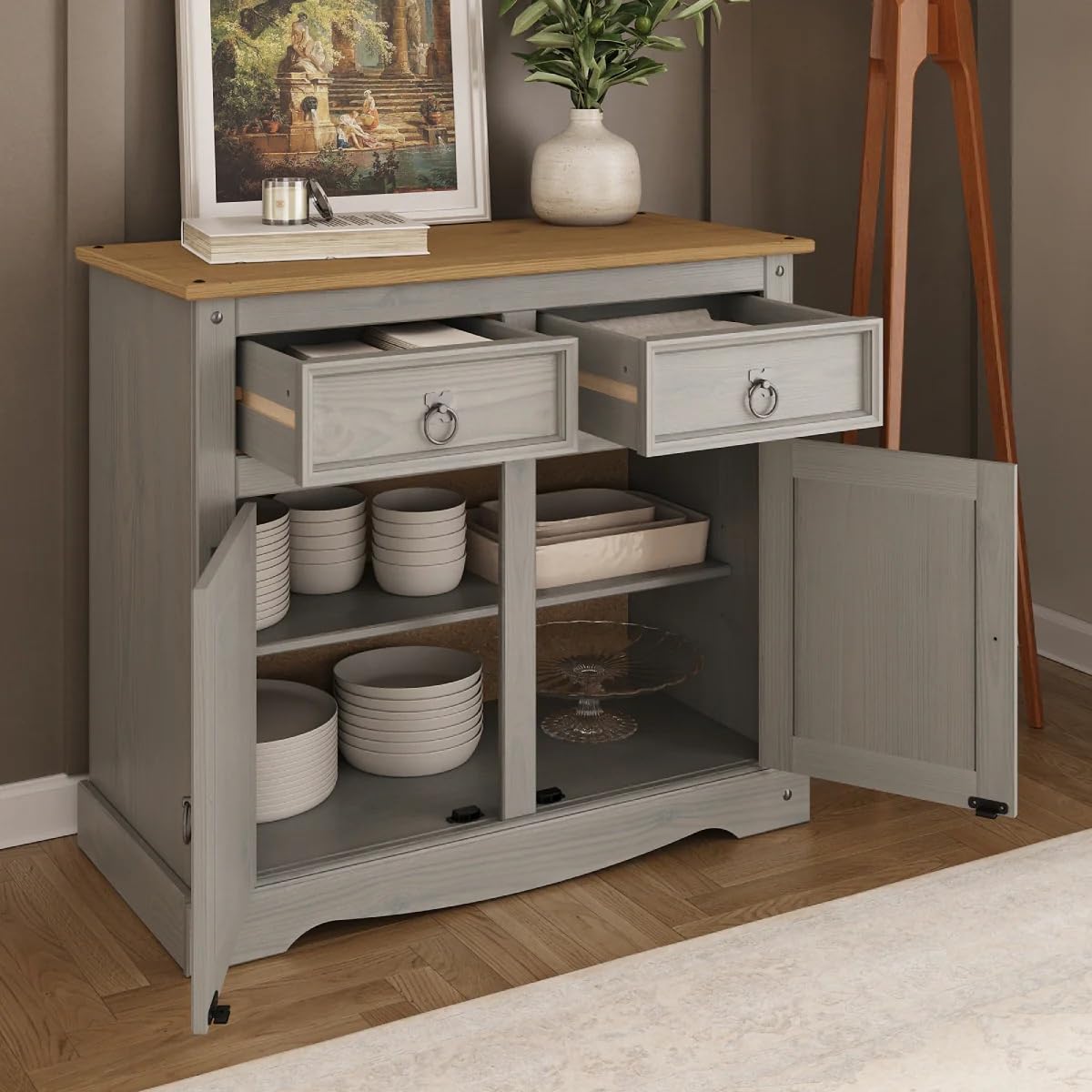 Corona Grey Sideboard 2 Door 2 Drawer Cupboard Mexican Solid Pine with Gunmetal Finish Hardware 76cm H x 87cm W x 40cm D