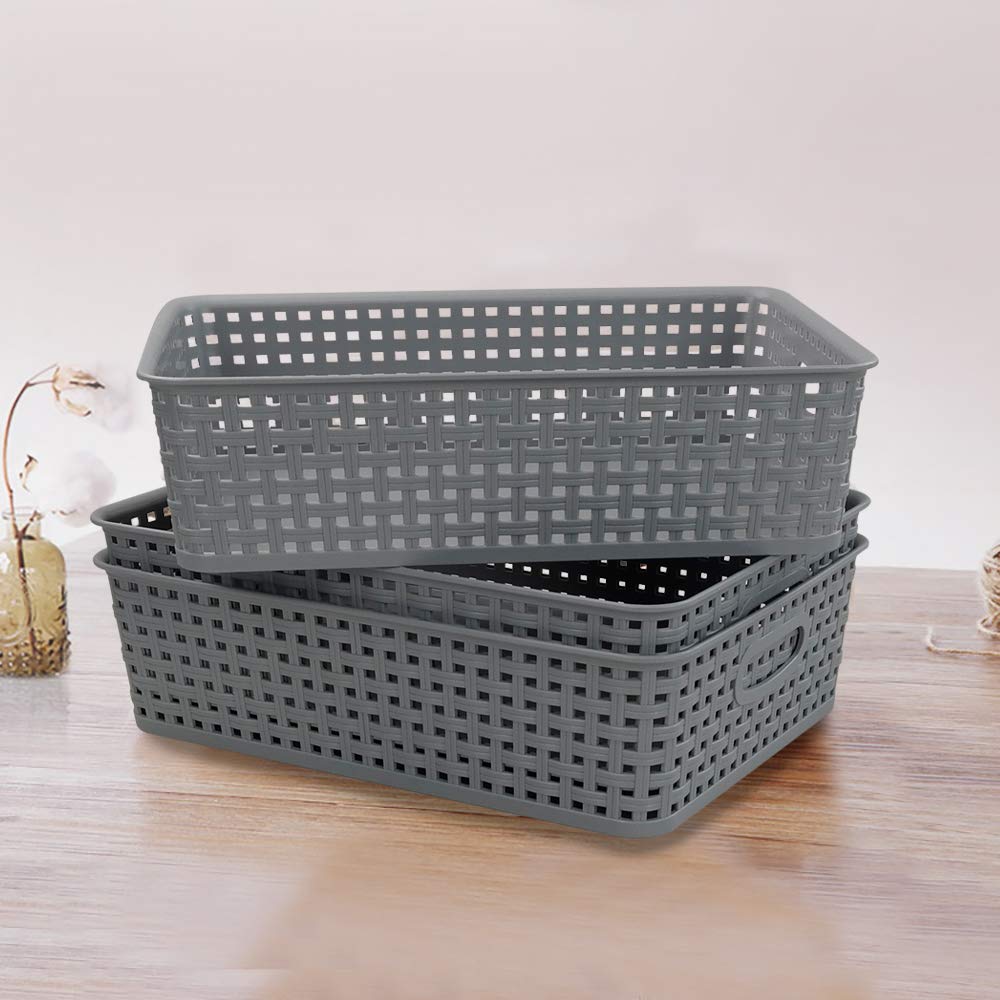 Bblie 6-Pack Rectangular Plastic Shallow Basket, Grey A4 Basket Tray for Storage