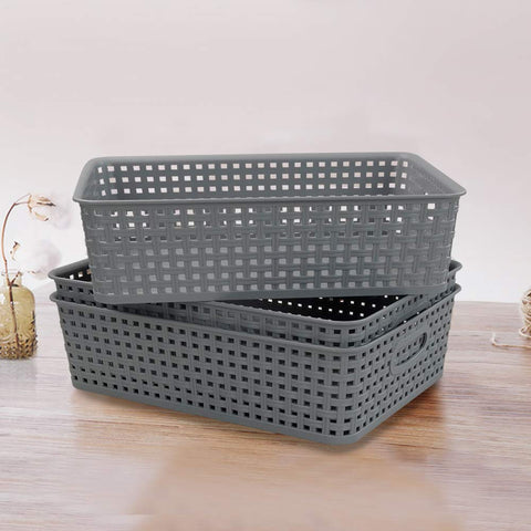 Bblie 6-Pack Rectangular Plastic Shallow Basket, Grey A4 Basket Tray for Storage