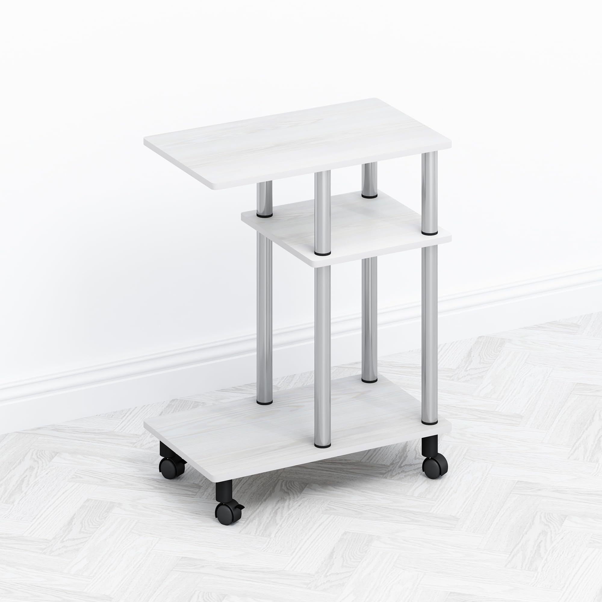 Furinno TOMI Side Table, 3-Tier C-Shape Open Shelf End Table with Wheels, Night Stand, Bedside Table, Toolless Assembly, for Living Room, Bedroom