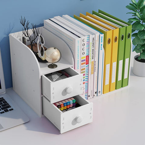 Hggzeg Desktop Bookshelf with Drawer, Small Countertop Bookcase Desk Organiser Office Supplies Storage Rack(White)