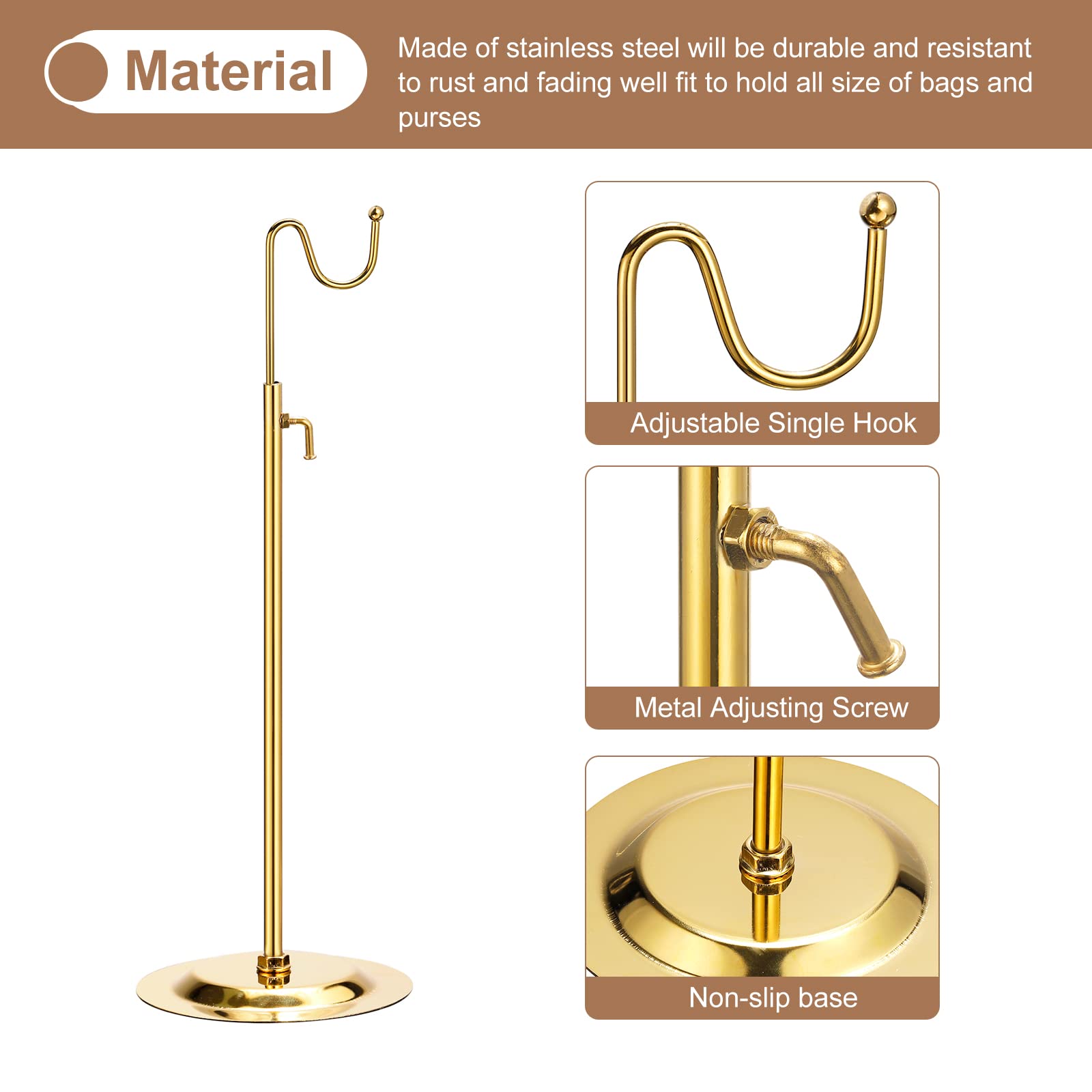 sourcing map Purse Display Stand Adjustable Tabletop Single Hook Handbag Rack Stainless Steel Bag Holder for Retail Boutique Store - Gold