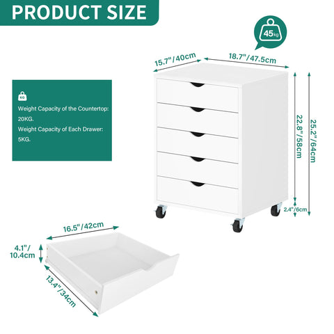 YITAHOME 5 Drawer Mobile Rolling File Cabinet,Wooden Filing Cabinet for A4, Letter Size Document, Under Desk File Storage Cabinet