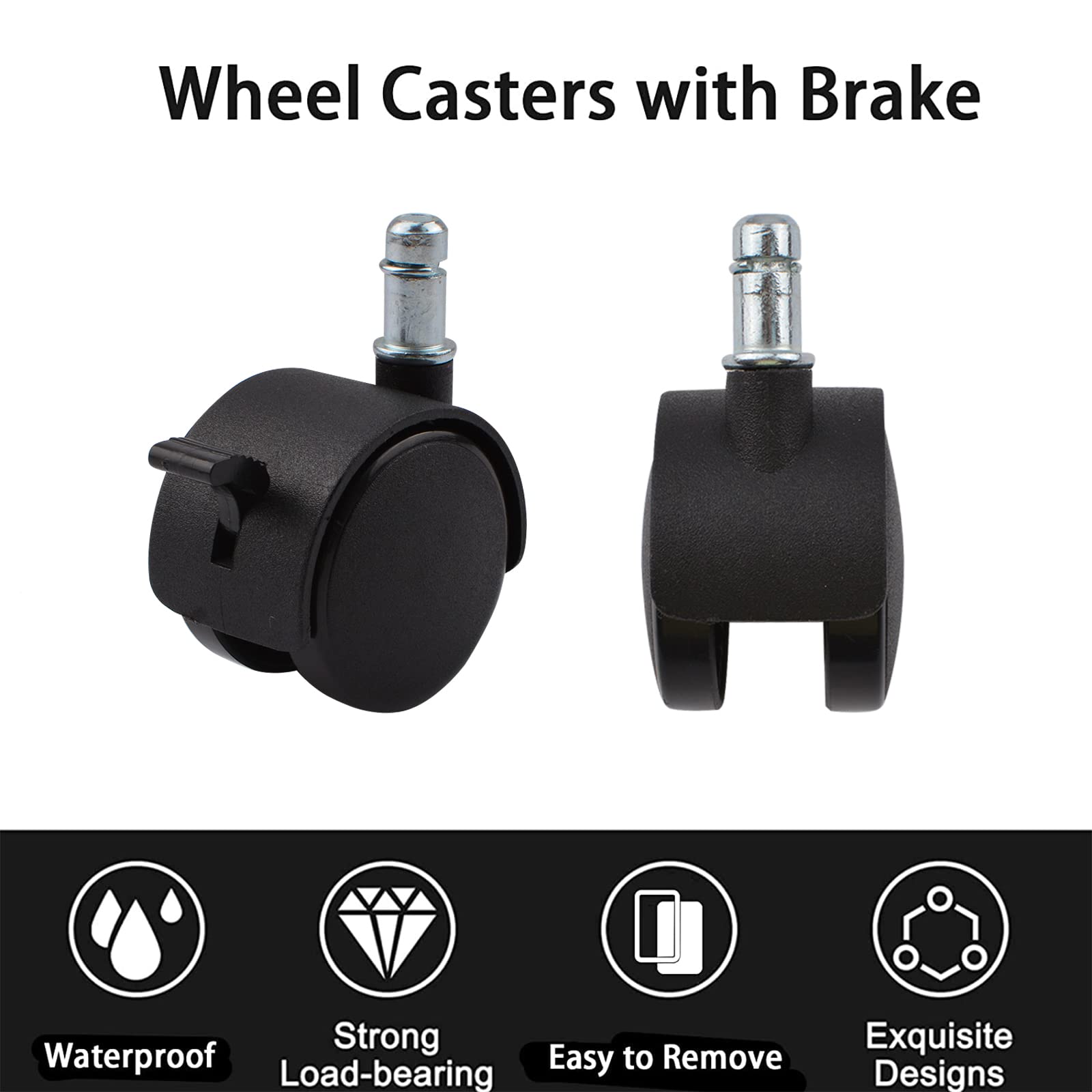 INCREWAY Nylon Caster Wheels 50mm, 5Pcs Swivel Stem Mount Casters with Brake, Durable Nylon Construction, Suitable for Various Hard Floors
