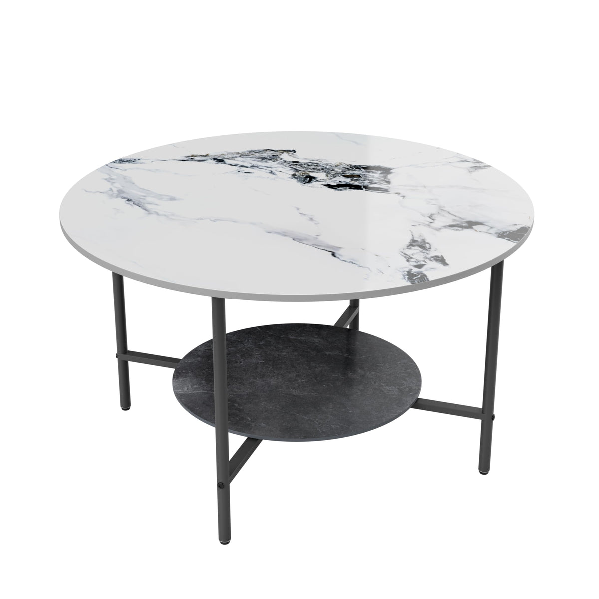 Round Coffee Tables Sintered Stone: 2-Tier Circle Coffee Tables 80 cm White Black Textured Marble Table Top with Sturdy Aluminum Frame Couch Center