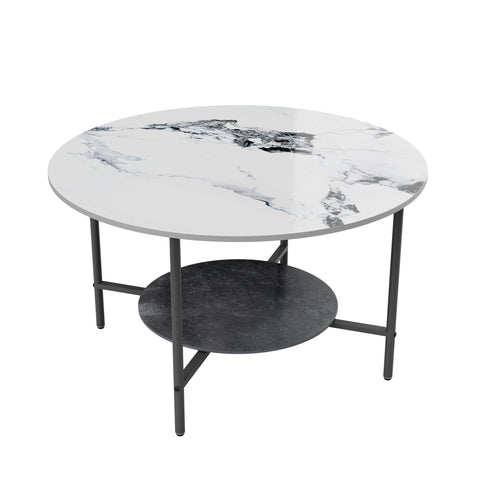 Round Coffee Tables Sintered Stone: 2-Tier Circle Coffee Tables 80 cm White Black Textured Marble Table Top with Sturdy Aluminum Frame Couch Center