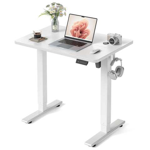FEZIBO Electric Standing Desk 80 x 48 cm, Height Adjustable Computer Desk with Memory Presets, Sit Stand Home Office Desk, White Frame with White Top