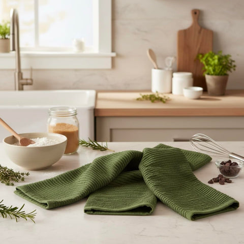 Avocado Forest Green Kitchen Hand Dish Towels: Oversized 28" x 18",100% Cotton Cloth Soft Cleaning Drying Absorbent Ribbed Design