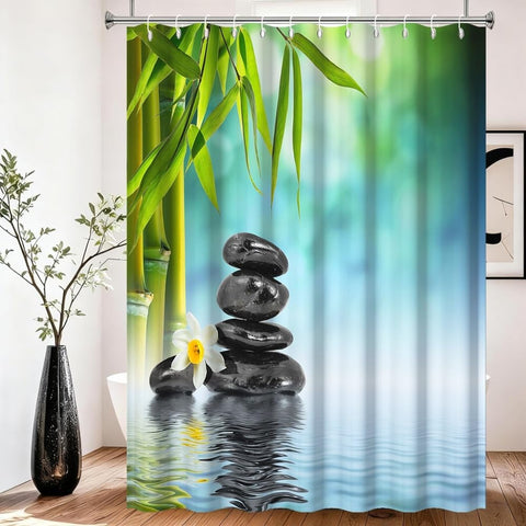Xiaoterna Spa Garden Shower Curtain Bokeh Spa Green Bamboo Black Stone Flower Bathroom Curtain Simple Home Garden Waterproof Shower Curtain Machine