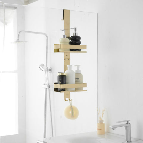 Hanging Over Door Shower Caddy - No Drilling Organiser Stainless Steel Shelves With Hooks - Gold Bathroom Rack Basket Tidy Storage