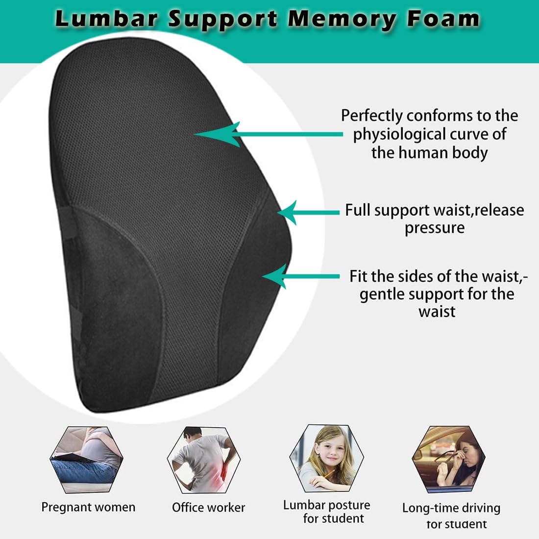 myAIMS Lumbar Support Memory Foam Back Pain Back Support Office Chair, Car Seat, Gaming, Wheelchair