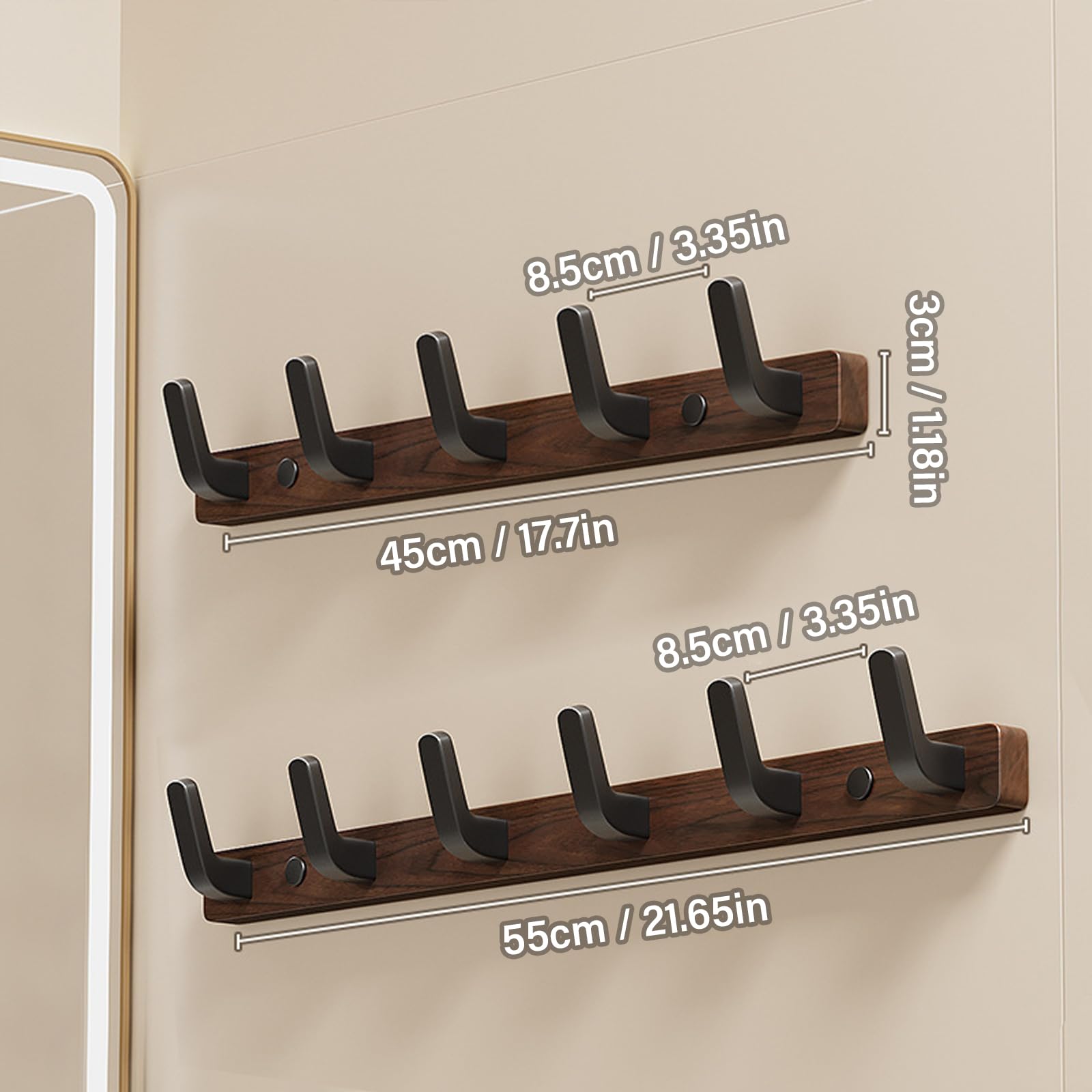 Lxoraziy Wall-Mounted Coat Rack - Walnut Coat Rack Hook, Heavy Duty Wooden Wall Coat Hanger with 5 Coat Hooks for Hanging Coats, Hats, Clothing