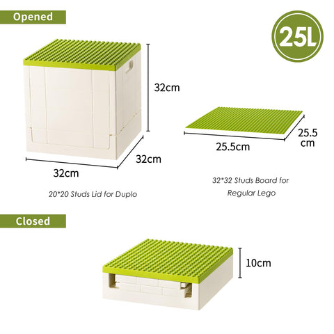 SHIMOYAMA Collapsible Storage Box with Baseplate Lid for Duplo, 25L Stackable Bin with Separate Building Board for Lego