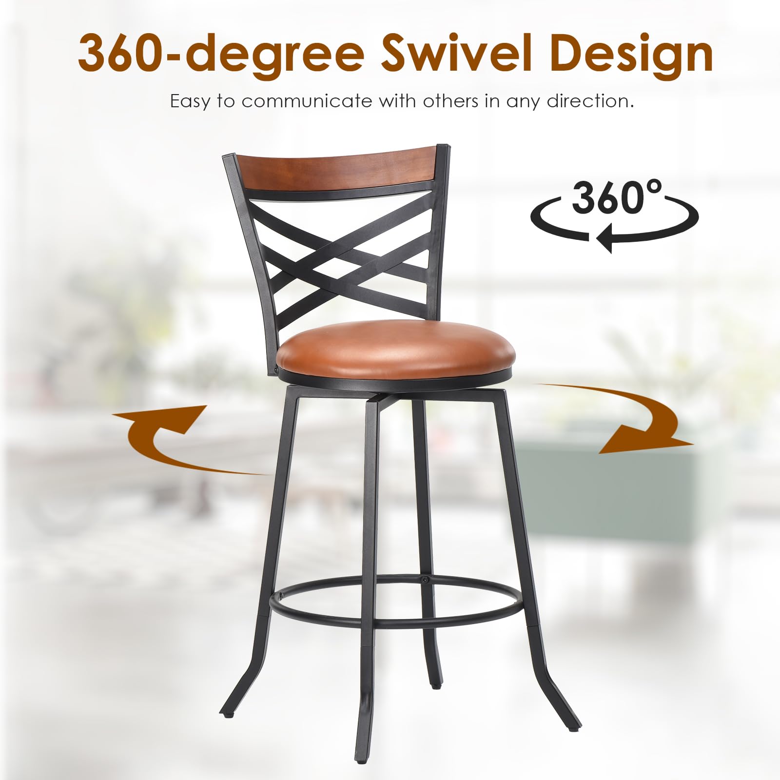 Farini Swivel Bar Stools Set of 2, Country Style Chairs with Back and Footrest for Kitchen Island, Pub, Restaurant