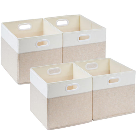 SOCOHOME Fabric Cube Storage Boxes,30x30x30cm Foldable Storage Baskets for Shelf Nursery Closet(Light beige/White, Set of 4)
