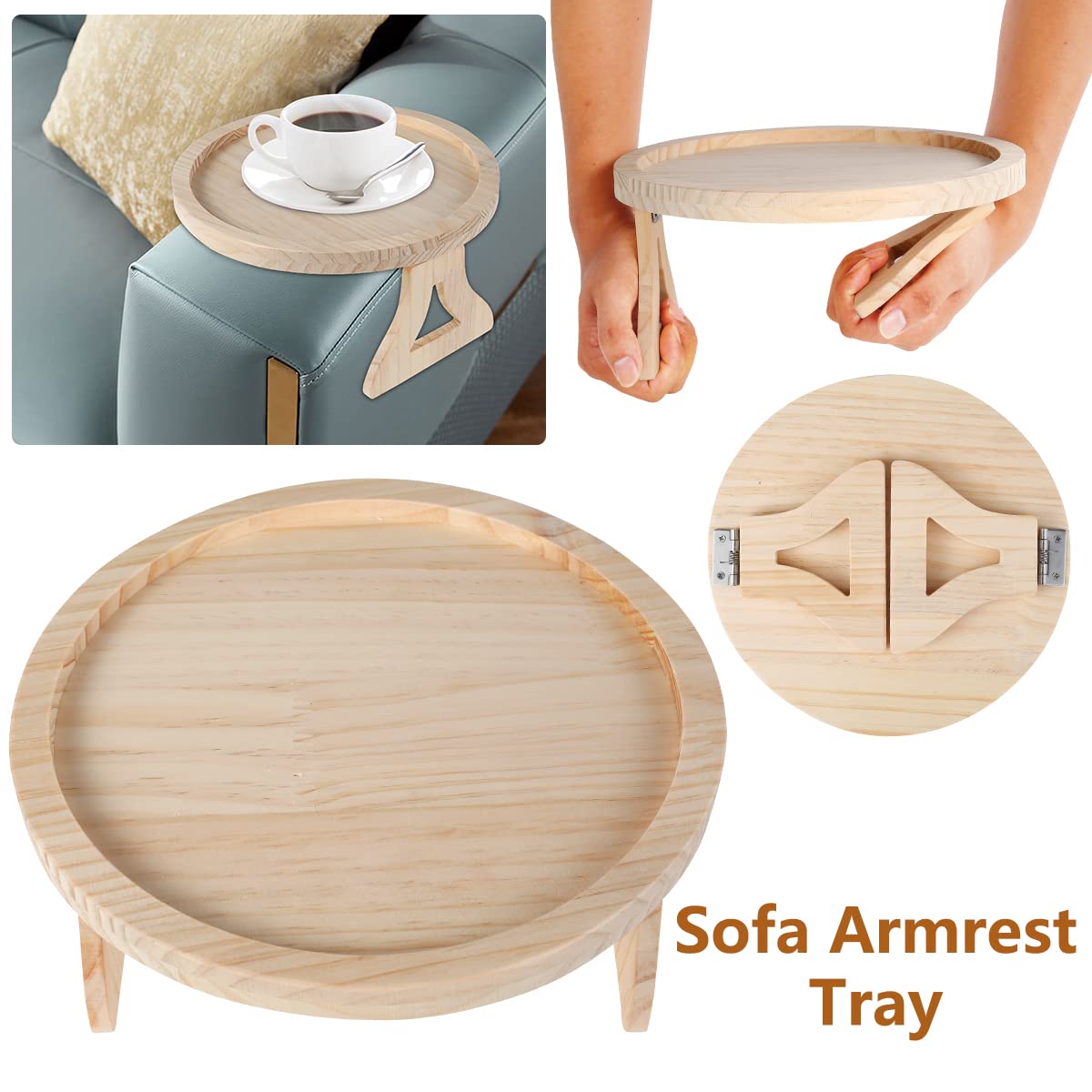 Gatphy Sofa Side Arm Tray, Wooden Couch Arm Table Clip On Tray Foldable Armrest Side Tables Space Saving Round Sofa Side Tables Organiser for Drinks