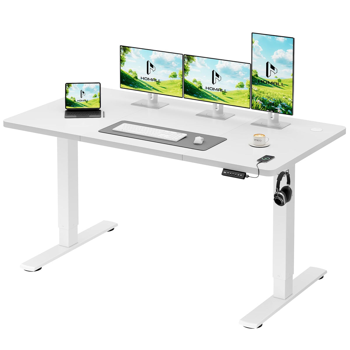Homall Electric Height Adjustable Desk, Adjustable Height Office Desk with USB Ports, 140x60cm, Home Office with Splice Board, White