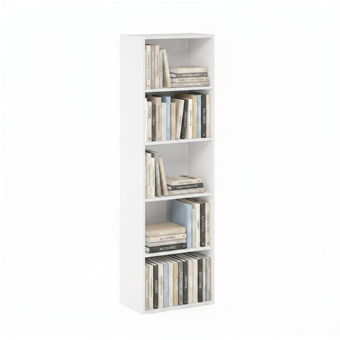 Furinno PASIR Book Shelf, 5-Tier Modern Bookshelf, Open Shelves Bookcase 9 x 12 x 52, for Living Room, Bedroom, Home Office, White