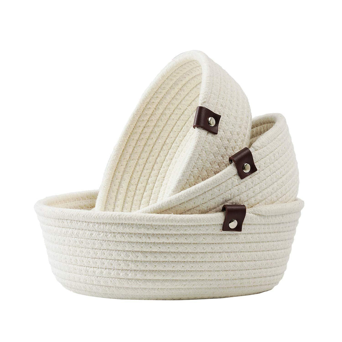 Set of 3 Cotton Rope Storage Baskets - Small White Organizers for Bathroom, Nursery & Home, Handmade Woven (White)