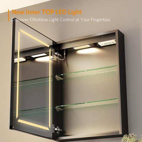 Quavikey® Black Bathroom Mirror Cabinets with Shaver Socket and Light, 50x70 cm LED Illuminated Bathroom Wall Cabinet with Mirror, Anti Fog