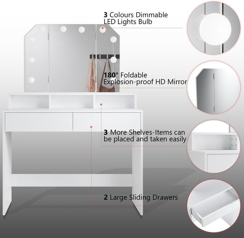 ZANOFIRA White Dressing Table with 3 Foiding Mirror, 3 Colors LED Lights with Adjustable Brightness