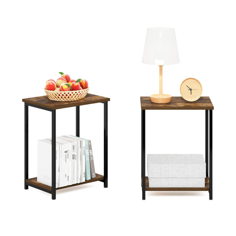 Furinno SIMPLISTIC Side Table Set of 2, 2-Tier Metal Frame End Table with Open Shelf, Night Stand, Bedside Table, for Living Room, Bedroom, Amber Pine