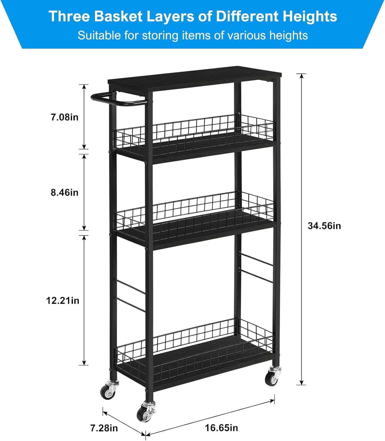 CADUKE Slim Storage Cart Kitchen Rolling Utility Cart on Wheels 4 Tier Mobile Narrow Cart with Wood and Metal Handle Slide Out Storage Shelving Unit