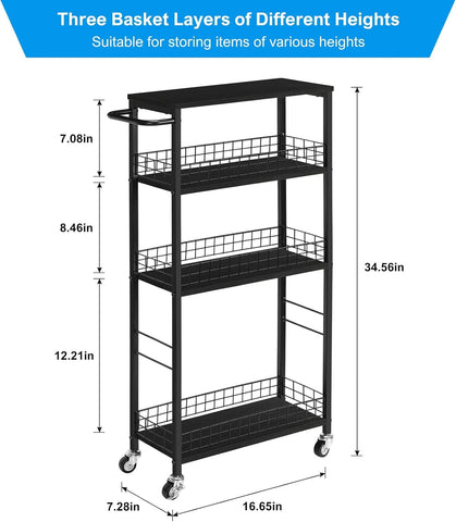 CADUKE Slim Storage Cart Kitchen Rolling Utility Cart on Wheels 4 Tier Mobile Narrow Cart with Wood and Metal Handle Slide Out Storage Shelving Unit