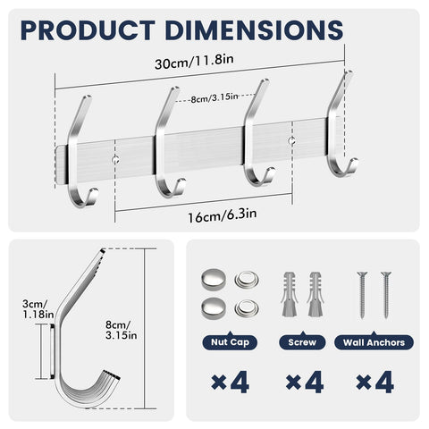 TINIFO Coat Hooks Wall Mounted - Stainless Steel Coat Rack 4 Hook (2 Pack), Silver