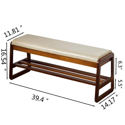 SOBIBO Solid Wood Shoe Bench, 2-Tier Entryway Bench with Cushion and Flip-Open Storage Box, Mid-Century Modern Shoe Bench Rack for Hallway