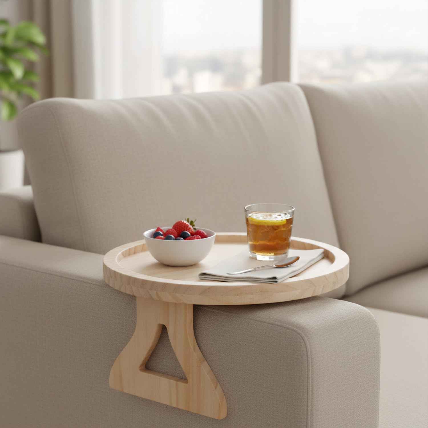 wellrun Natural Pine Wood Sofa Armrest Tray,Foldable Clip-On Side Tables for Couch,Portable Round Arm Table for Drinks Snacks Remote Books