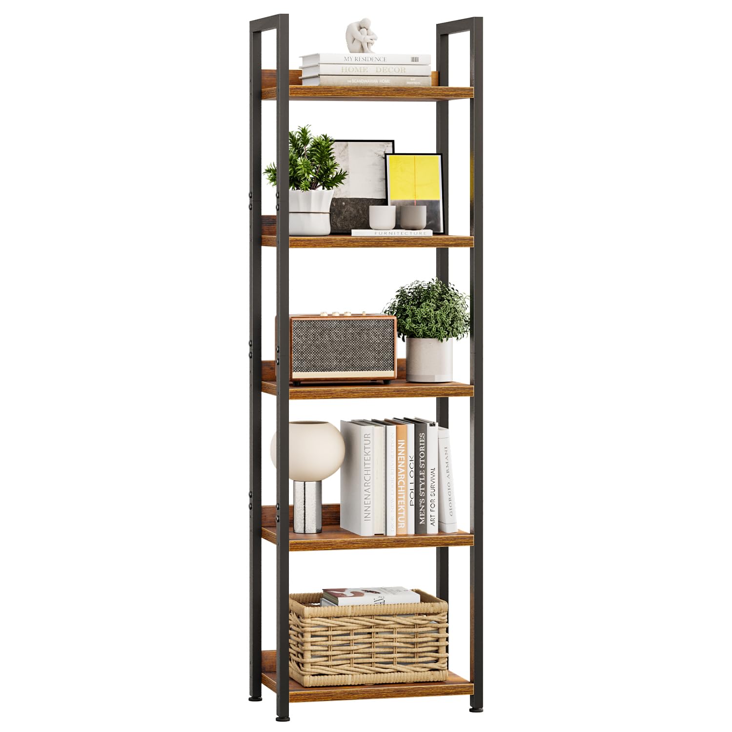 APPOLYN 5 Tier Slim Bookshelf, Bookcase with Backboard, Rustic Brown
