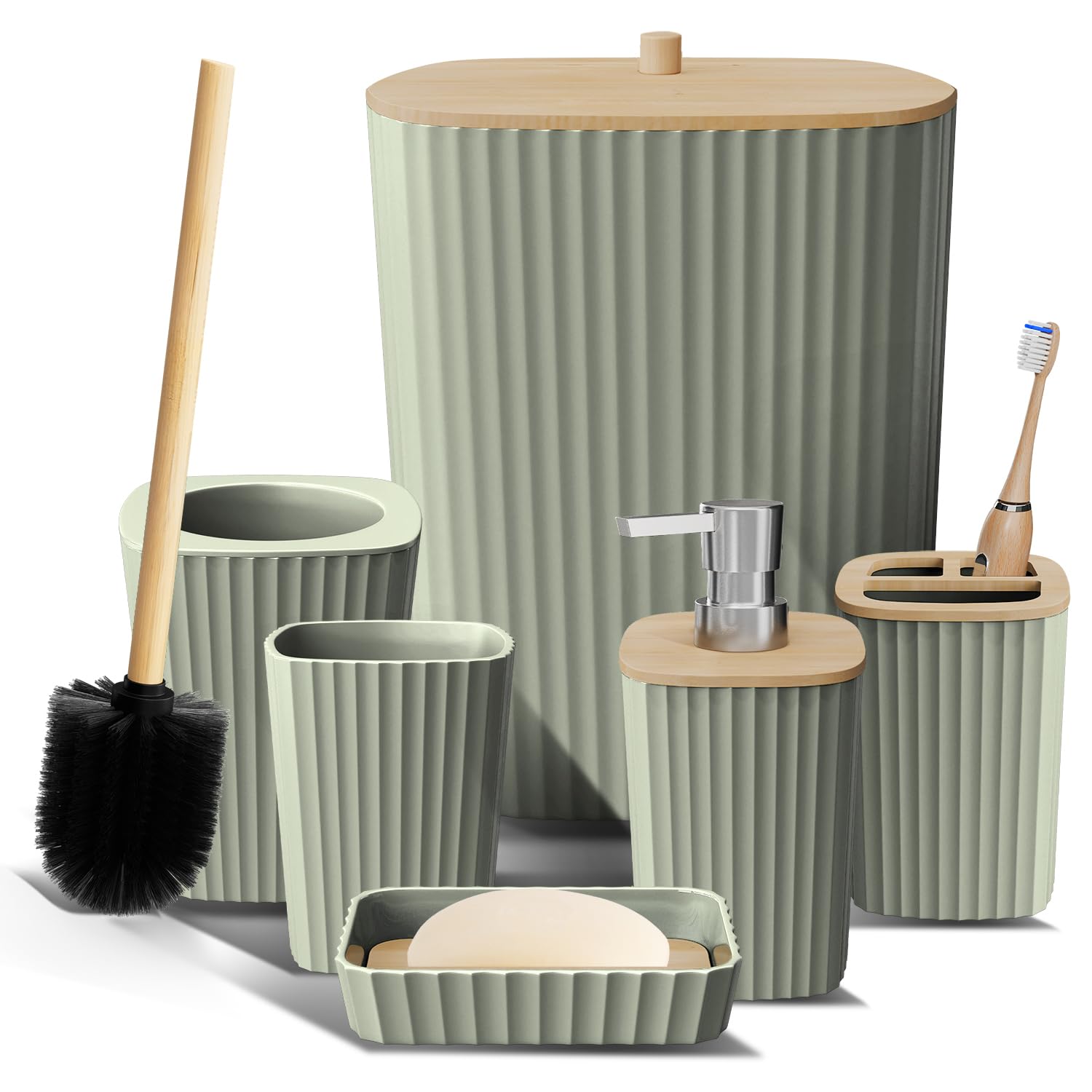 Clara Clark Bathroom Set - Sage Green Bathroom Accessories Set, 6PC Bathroom Accessory Set, Bathroom Sets with Toilet Brush