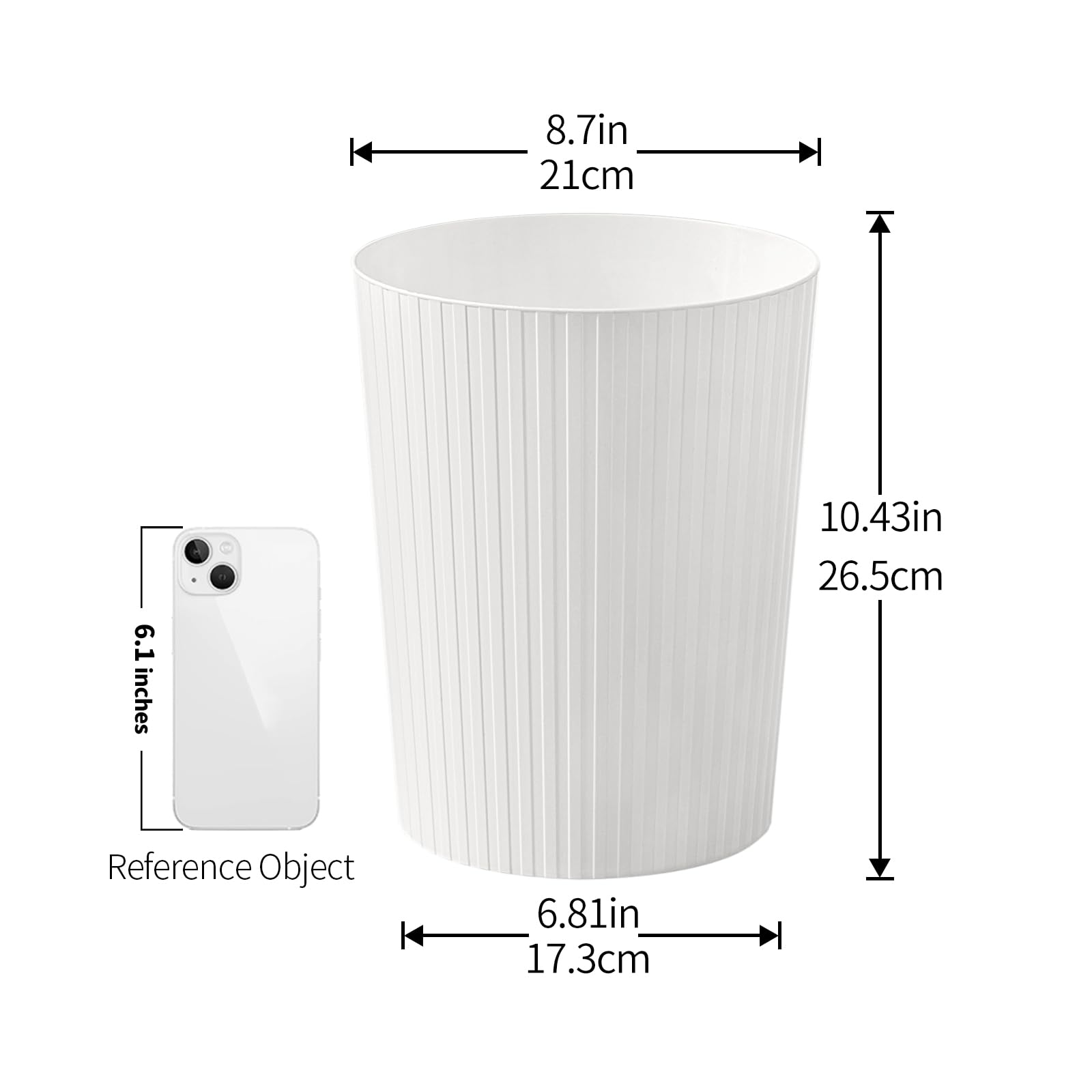 Cetomo 7.2L*3 Plastic Waste Paper Bin, Trash Can, Small Bins, Bedroom Bin, Round Waste Basket with Solid Stripe for Kitchen Rooms, Nesting, Matte