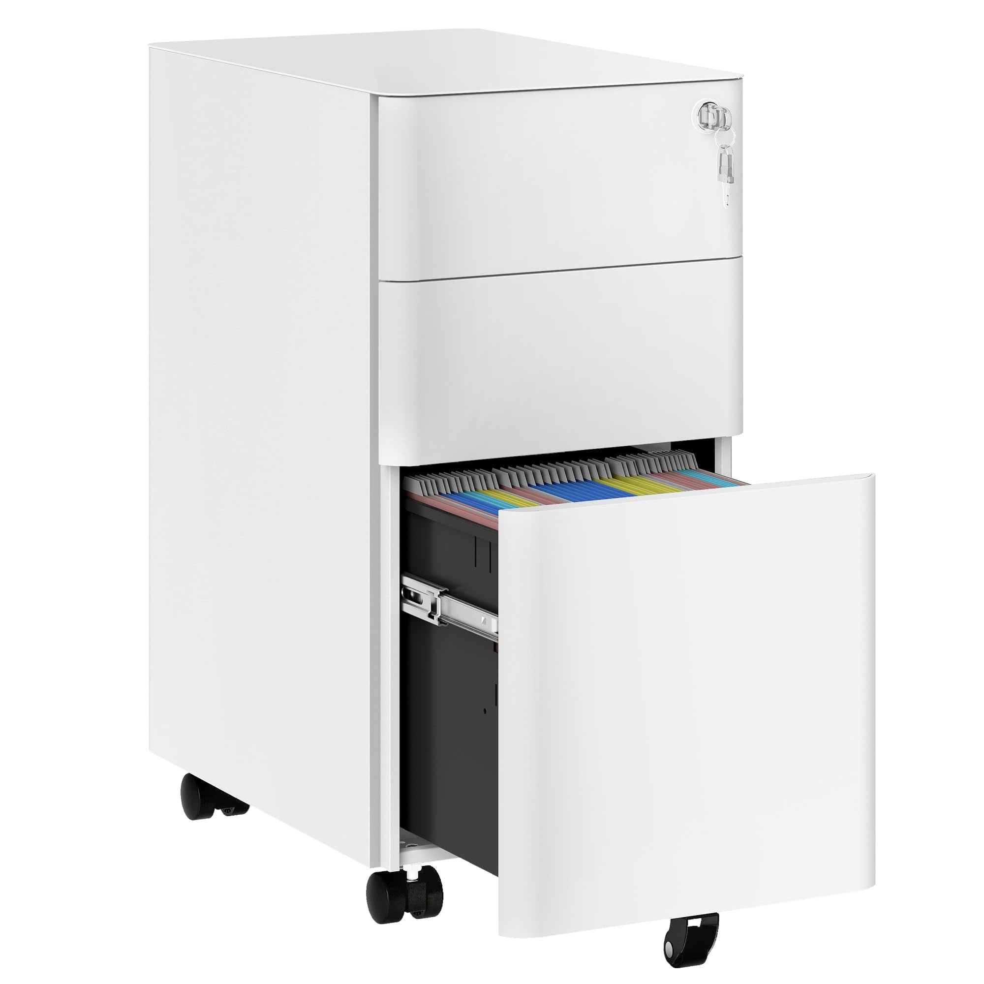 DWVO 3 Drawer Lockable Filing Cabinet Mobile Steel Office White 30x45x61cm