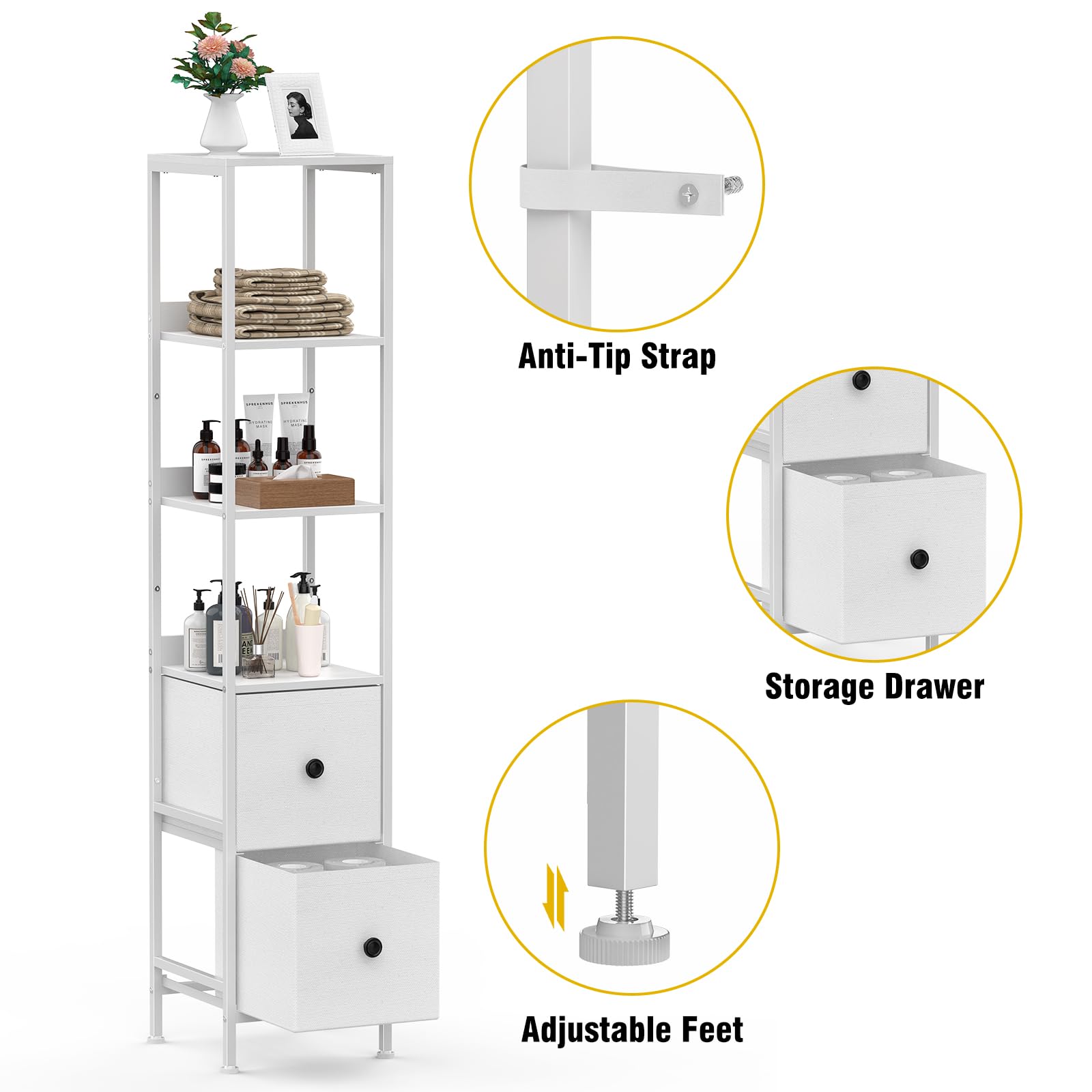 CADUKE Tall Bathroom Cabinet, Slim Storage Unit with 3 Open Wooden Shelves and 2 Fabric Drawers