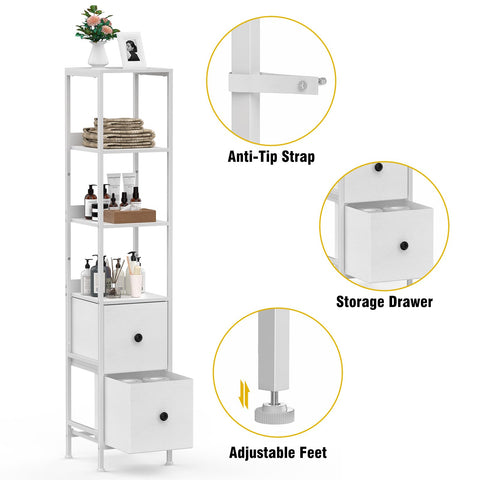 CADUKE Tall Bathroom Cabinet, Slim Storage Unit with 3 Open Wooden Shelves and 2 Fabric Drawers