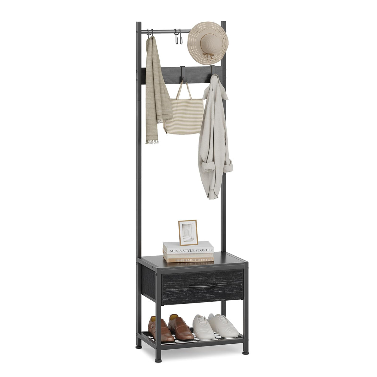 Narrow Coat Rack rustic Hall Tree 17.7"x12"x60.7" Black Wood Veins