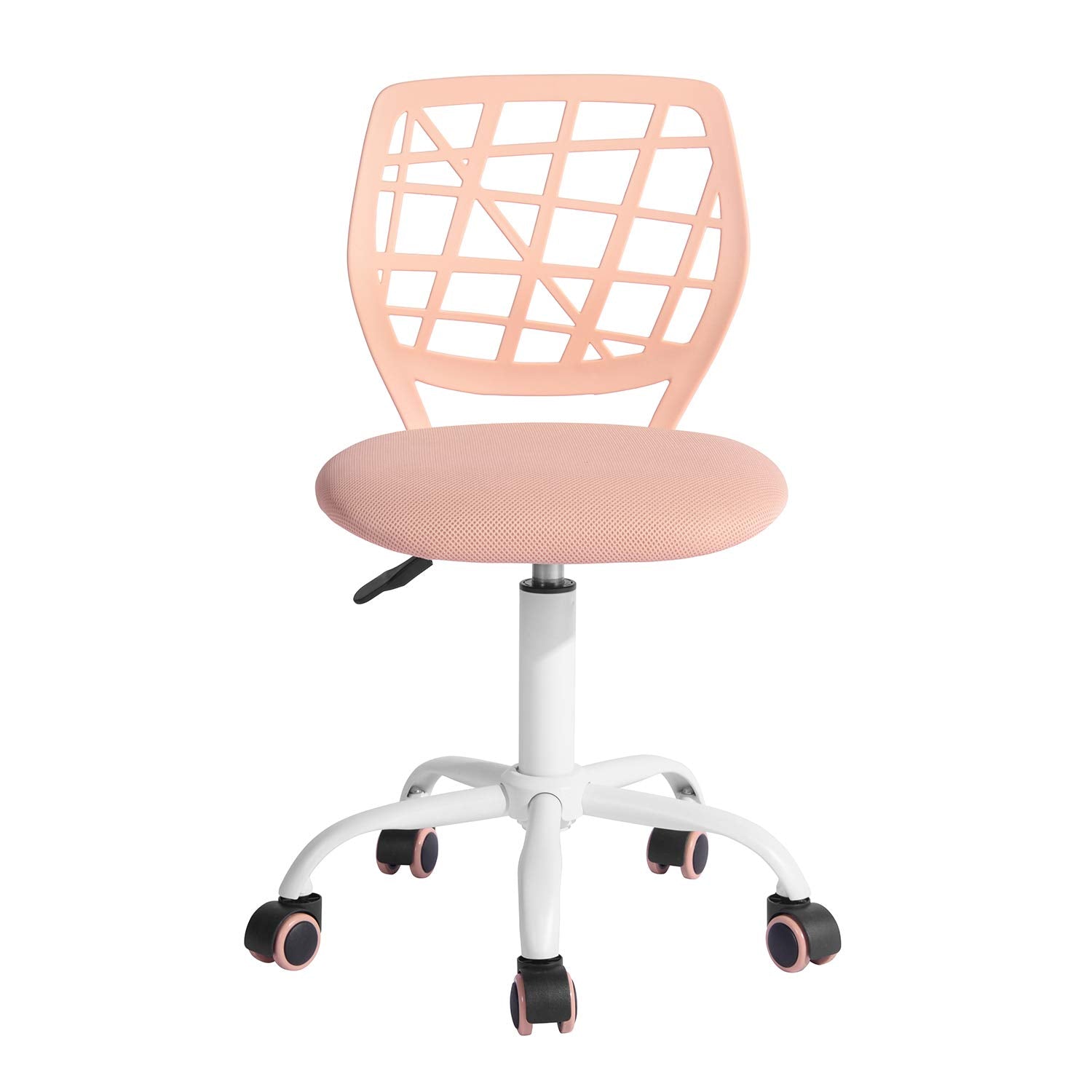 FurnitureR Gaming Children, Office, Gamer, Desk Chair, Ergonomic Modern Design, Armless, Seat Height Adjustment, Rubber Wheels, Peach Pink