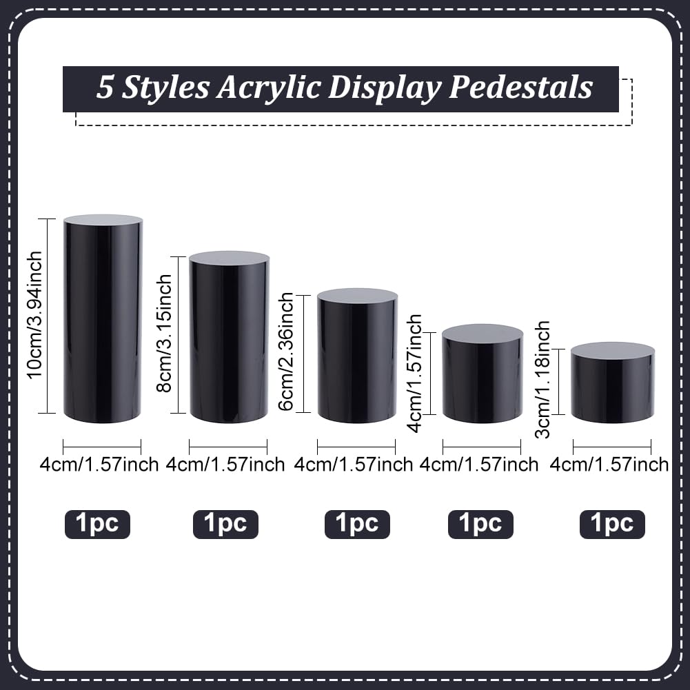 BENECREAT 5pcs Black Acrylic Display Block - 3/4/6/8/10cm Round Cylinder Solid Pedestal Stand for Jewelry, Gem, Pop Figures & Cosmetic Showing