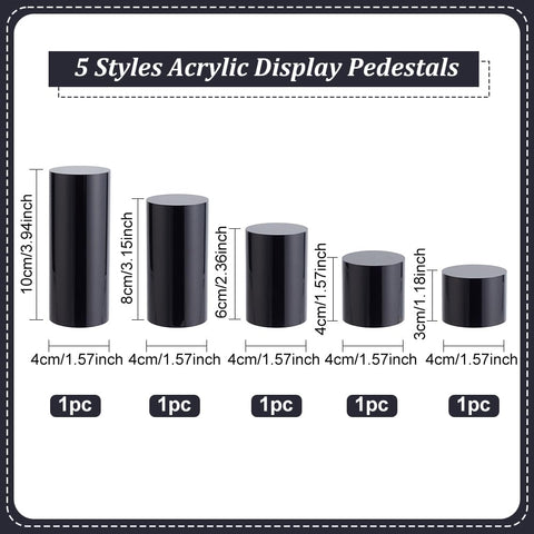 BENECREAT 5pcs Black Acrylic Display Block - 3/4/6/8/10cm Round Cylinder Solid Pedestal Stand for Jewelry, Gem, Pop Figures & Cosmetic Showing