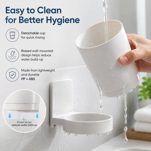 Wall Mounted Toothbrush Holder with Removable Cup, Self Adhesive Bathroom Toothbrush Cup Holder, No Drill Tooth Brushing Cup
