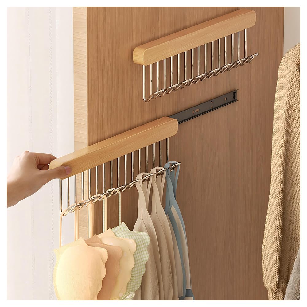 2 Pack Pull Out Belt Hanger for Closet, Wooden Hanger (8 Hooks, Left Pull)